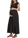 OUGES Maternity Dress for Baby Shower Photoshoot Summer Casual Ruffle Sleeve Maxi Dress with Pockets(Black,L)