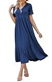 Women's 2025 Summer Short Sleeve V Neck Swing Dress Flowy Tiered Maxi Beach Sundress with Pockets Navy Blue