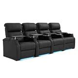 Weilianda Home Theater Seating, Top Grain Leather Sectional Seats Recliner Chair, Zero Gravity Reclining Sofa with Power Headrest 7 Colors Ambient Lighting USB C Charge Row of 4 Black
