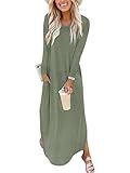 ANRABESS Women's Long Sleeve Maxi Dresses 2025 Fall Outfits Casual Loose Split Travel Vacation T Shirt Dress with Pockets Sage Green Large