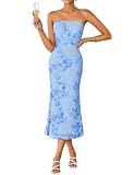 ZESICA Summer Strapless Floral Wedding Guest Dress for Women Blue M