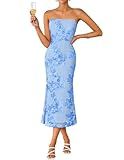 ZESICA Cocktail Wedding Guest Dresses for Women 2026 Summer Strapless Floral Bodycon Mesh Tube Formal Party Midi Dress Blue Small