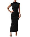 BTFBM Women Ruched Bodycon Maxi Dresses Summer Casual,Black,M