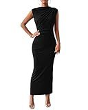 BTFBM Women's Ruched Bodycon Dress Summer Casual Sleeveless Back Slit Elegant Club Evening Party Cocktail Maxi Dresses(Black, Small)