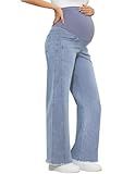 POSHGLAM Women's Maternity Jeans Wide Flare Leg Stretchy Comfy 31'' Pregnancy Denim Pants(Frayed Hem Light Blue, Medium)
