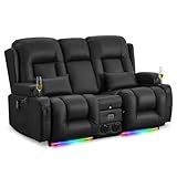 URRED Loveseat Recliner Sofa with Massage and Heat, Power Reclining Loveseat Sofa RV Couch with Console, Home Theater Seating with LED Lights, Bluetooth Speakers, USB, Outlets, Faux Leather, Black