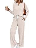 LILLUSORY Womens 2 Piece Lounge Sets Matching Airport Travel Outfits 2026 Spring Clothing Fall Pajamas Sweat Suits Pockets Apricot M