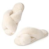 Ankis Women's Fuzzy Slippers Cross Band Memory Foam Open Toe Comfy Soft House Shoes Anti-Slip Indoor Outdoor Gifts for Women