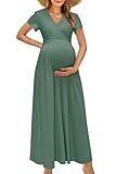 OUGES Maternity Maxi Dress Wrap Baby Shower Pregnancy Dresses for Photoshoot Maternity Outfits Summer Clothes 2026(Gray Green,M)