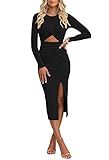 Pink Queen Women's Crew Neck Long Sleeve Midi Dress Cutout Twist Ruched Party Cocktail Bodycon Slit Knit Dresses Black S