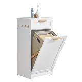 VECELO Tilt Out Laundry Hamper, 35" Bathroom Cabinet with Hidden Removable Basket, 1 Drawer and 4 Side Hooks for Storage, White