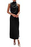 PRETTYGARDEN Women's 2025 Summer Satin Dress Elegant Sleeveless Mock Neck Cocktail Party Maxi Dresses (Black,Small)