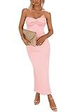 PRETTYGARDEN Women's Summer Bodycon Long Dresses Strapless Tube Twist Knot Front Ribbed Knit Elegant Maxi Dress with Slit (Pink,Small)