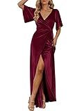 MEROKEETY Women's V Neck Wrap Velvet Maxi Wedding Guest Dress Bell Sleeve Split Bridesmaid Cocktail Party Formal Dresses, Burgundy, M
