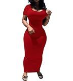 PINSV Women's Casual Bodycon Maxi Dress Summer Scoop Neck Short Sleeve Long Fitted Dresses Club Party Red A XL