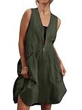 Fisoew Women's Sleeveless Tank Mini Dress Casual Half Zip V Neck Loose Mesh Back Utility Summer Dresses with Pockets Army Green