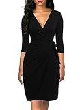 Berydress Women's Vintage 3/4 Sleeve V-Neck Knee-Length Sheath Draped Belt Faux Black Wrap Dress (XL, 6083-Black)