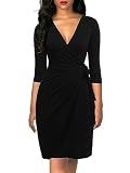 Berydress Women's 3/4 Sleeve V Neck Casual Party Work Faux Black Wrap Dress