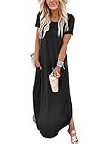 ANRABESS Womens Summer Maxi Dress Short Sleeve Casual Loose Long T Shirt Dresses Split Vacation Beach Sundress Travel Outfits Black Medium