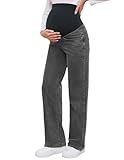 fitglam Women's Maternity Jeans Straight Leg Relaxed Fit Over Belly Pregnancy Denim Work Pants Maternity Clothes with Pockets(Wash Black, Large)