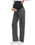 fitglam Women's Maternity Jeans Straight Leg Relaxed Fit Over Belly Pregnancy Denim Work Pants Maternity Clothes with Pockets(Wash Black, Large)