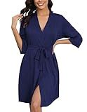 Ekouaer Robes for Women Ribbed Knit Bathrobe Soft Knee Length Kimono Robe 3/4 Sleeve Sleepwear with Pockets S-XXL