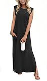 GRECERELLE Women's Summer Casual Loose Beach Split Long Maxi Dress with Pockets (Large, Black)