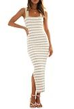 MEROKEETY Womens Summer Striped Bodycon Midi Dress 2026 Beach Vacation Sleeveless Tank Ribbed Knit Baby Shower Sweater Dress, Apricot, M