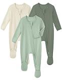 Yoofoss Rayon Made From Bamboo Baby Pajamas 3pcs Newborn Sleepers For Boy Girl Clothes, 0-3 Months Footed Pajamas Zipper Baby Pjs with Mitten,Sage&green&beige