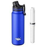 Membrane Solutions C3 Filtered Water Bottle, 32oz Stainless Steel Water Bottle with Replaceable ACF+UF Filter Cartridge, Portable Water Filter, Travel, Hiking & Camping for Drinking Water(Blue)