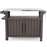 Keter Outdoor Rolling Table Cart for Food Prep, Storage, Bar & Grill, Dark Brown - Portable Kitchen Island Tabletop with Wheels for Drinks, Snacks, and Cooking