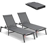 VEVOR 2 Pcs Chaise Lounge Chairs Outdoor, Aluminum Patio Lounge Chair with Adjustable 5-Position, Folding Pool Chairs Recliner and Full Flat Tanning Chair for Patio, Beach, Pool, Grey, 2 pcs