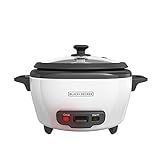 BLACK+DECKER Rice Cooker 6-Cup (Cooked) with Steaming Basket, Removable Non-Stick Bowl, White