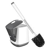 SetSail Toilet Brush and Holder, Self Closing Lid Toilet Bowl Brushes Holder and Extra Long Handle Ventilated Toilet Brush Set for Bathroom Cleaning, Nylon Bristles, White & Grey