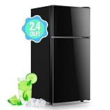DEMULLER 45L Mini Fridge with Freezer & Double Door Small Size Tiny Refrigerator with 7 Temperature Control Knob Only Suitable for One Person Use Black