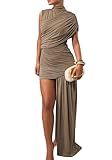 Kwunbwa Women's Sleeveless Ruched Maxi Dress Sexy Irregular Bodycon Casual Elegant Club Party Cocktail Long Dresses Khaki