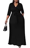 Women's Plus Size Fall Dress - Wrap Maxi Dresses 3/4 Sleeve Plain Party Vintage Outfits Solid Black 2XL