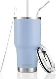 D·S 30oz Blue Tumbler Stainless Steel Double Wall Vacuum Insulated Mug with Straw and Lid, Cleaning Brush for Cold and Hot Beverages