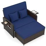 Tangkula Patio Rattan Daybed with 4-Level Adjustable Backrest, Outdoor PE Wicker Loveseat with Storage Ottoman & Folding Side Tray, Double Sunbed Lounger for Balcony, Backyard & Poolside, Navy & Brown