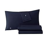 Lacoste 100% Cotton Percale 4-Piece Sheet Set – Crisp Cool Breathable All-Season Bedding, Oeko-Tex Certified, Soft Matte Finish, Durable Premium Cotton – Solid, Navy, Queen