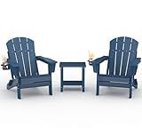 GarveeLife Folding Adirondack Chair Set of 2 with Side Table, All-Weather HDPE Outdoor Chair, Wooden Textured with Cup Holder for patios, Decks, Gardens, fire pits, Navy Blue