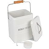 DEAYOU Pet Food Storage Tin with Lid, Metal Bird Seed and Feed Container with Serving Scoop, Treats Storage Canister Bin Can for Dogs, Cats Food, Coated Carbon Steel, Tight Fitting Lid, White, 5-6 Lbs