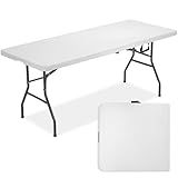 FDW 6 Foot Outdoor Dining Table, Foldable Portable Rectangular Plastic Folding Table with Built in Carrying Handle for Party and Wedding Use, White
