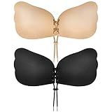 Cmojsk Sticky Bra, Backless Strapless Bra Push Up, Adhesive Invisible Lift Up Bras 2 Pairs Black/Beige