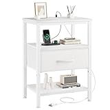DUMOS Bedside Table with Charging Station and Adjustable Fabric Drawer Compact Nightstand 3-Tier Storage Organizer End Table for Bedroom,White