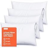 Ultra Soft Pillow Protectors with Zipper Standard Size - Set of 4 Breathable Pillow Covers - 100% Protection Against Stains, Dust & Dirt - Machine Washable (White)