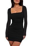 BORIFLORS Women's Sexy Ruched Bodycon Mini Dress Mesh Long Sleeve Club Party Short Dresses, Medium, Black