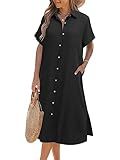 Zeagoo Women Summer Dresses Cotton Linen Dress Collared Short Sleeve Midi Dress 2025 Button Down Shirt Dresses Black L