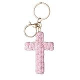 HongEast Macrame Cross Keychain,Jesus Key Chain Christian Car Accessories Handmade Soft Cross Keychain Charm Cute Baptism Faith Inspired Boho Decor for Women Men Religious Gifts(Pink)