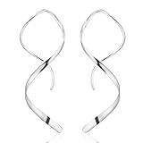 Desnuage Handmade 925 Sterling Silver Spiral Threader Earrings Hypoallergenic Twisted Curved Drop Dangle Earrings Pull Through Earrings for Women Trendy Fashion-Silver